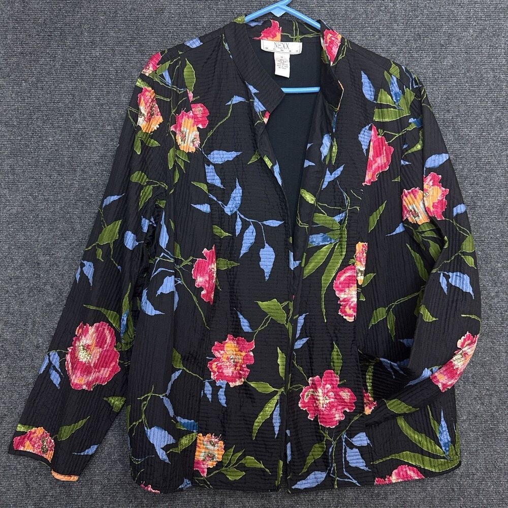 Nexx Woman’s Vintage 100% Silk Dark Floral Black Jacket Blouse Artsy Mature 1X